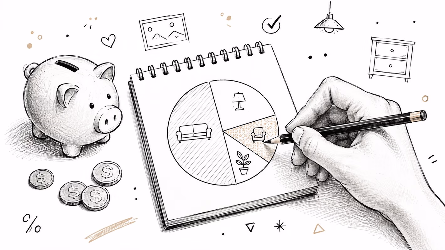 A hand drawing a pie chart in a notebook representing a budget for furniture with a piggy bank.