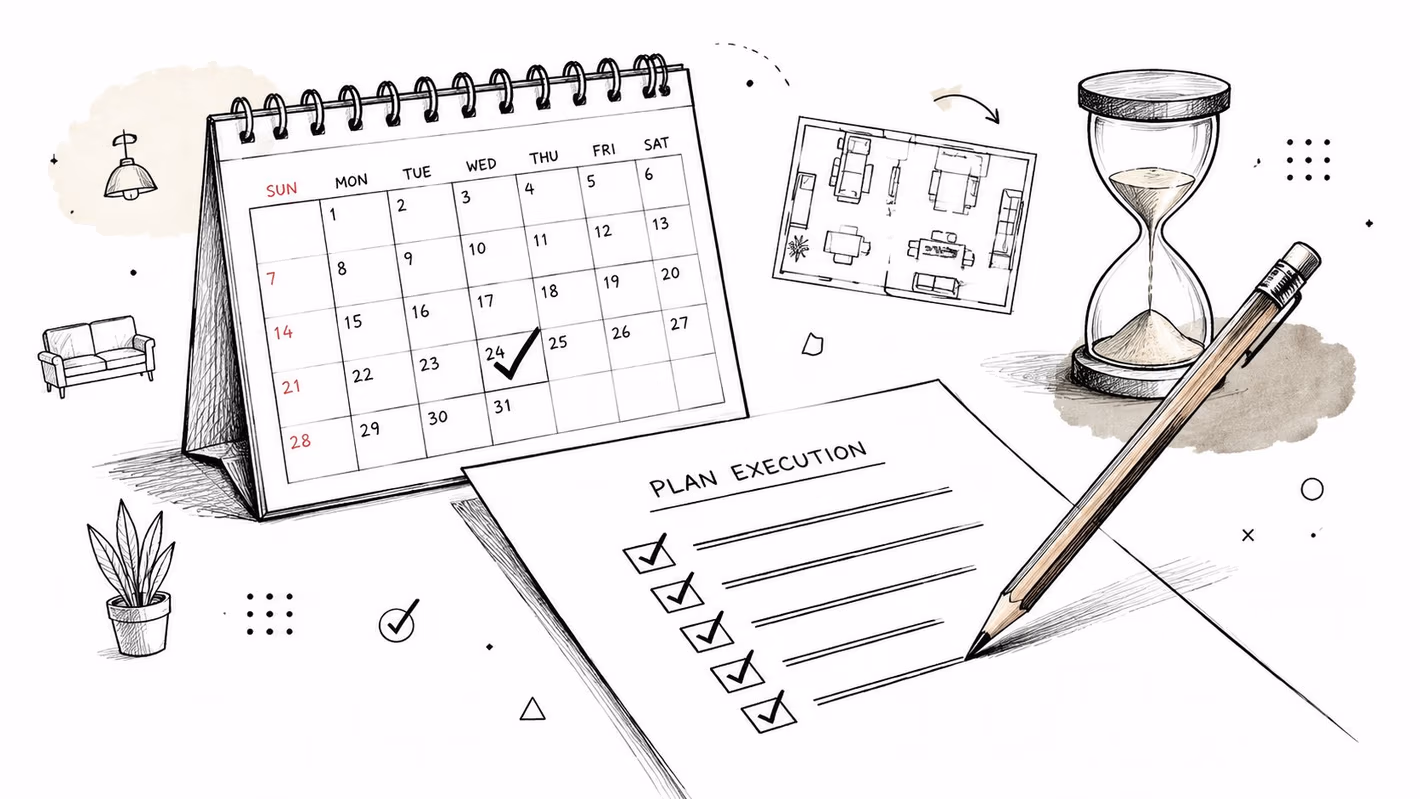 A hand-drawn illustration showing a calendar, checklist, furniture floor plan, and hourglass on a desk.