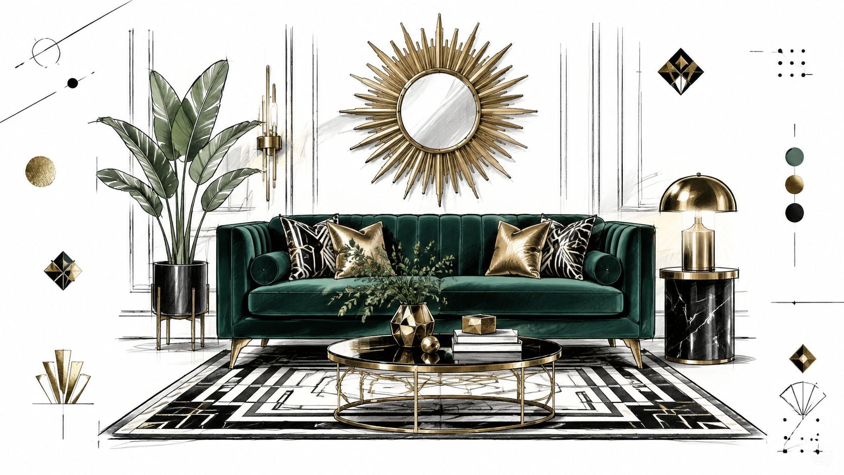A sophisticated living room sketch featuring a velvet green sofa, gold accents, and geometric art deco rug.
