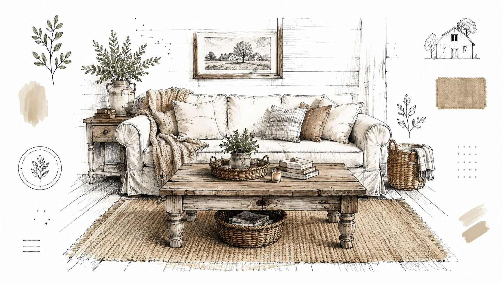 A detailed sketch of a cozy vintage-inspired living room featuring a comfortable sofa and rustic wooden furniture.