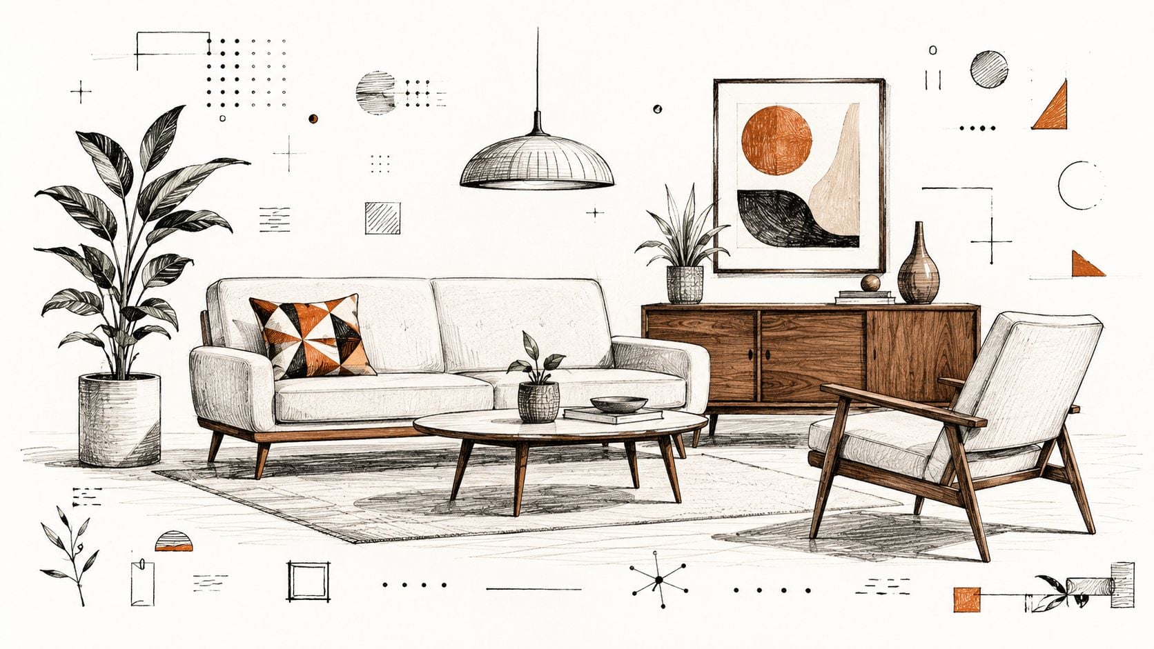 A pencil sketch of a modern living room featuring a mid-century sofa, armchair, and abstract wall art.