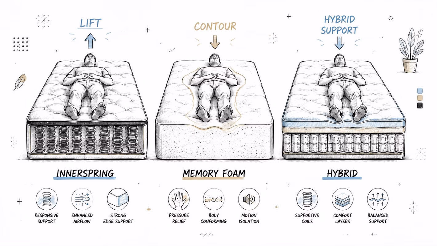 A diagram comparing the features and support systems of innerspring, memory foam, and hybrid mattresses for sleeping.