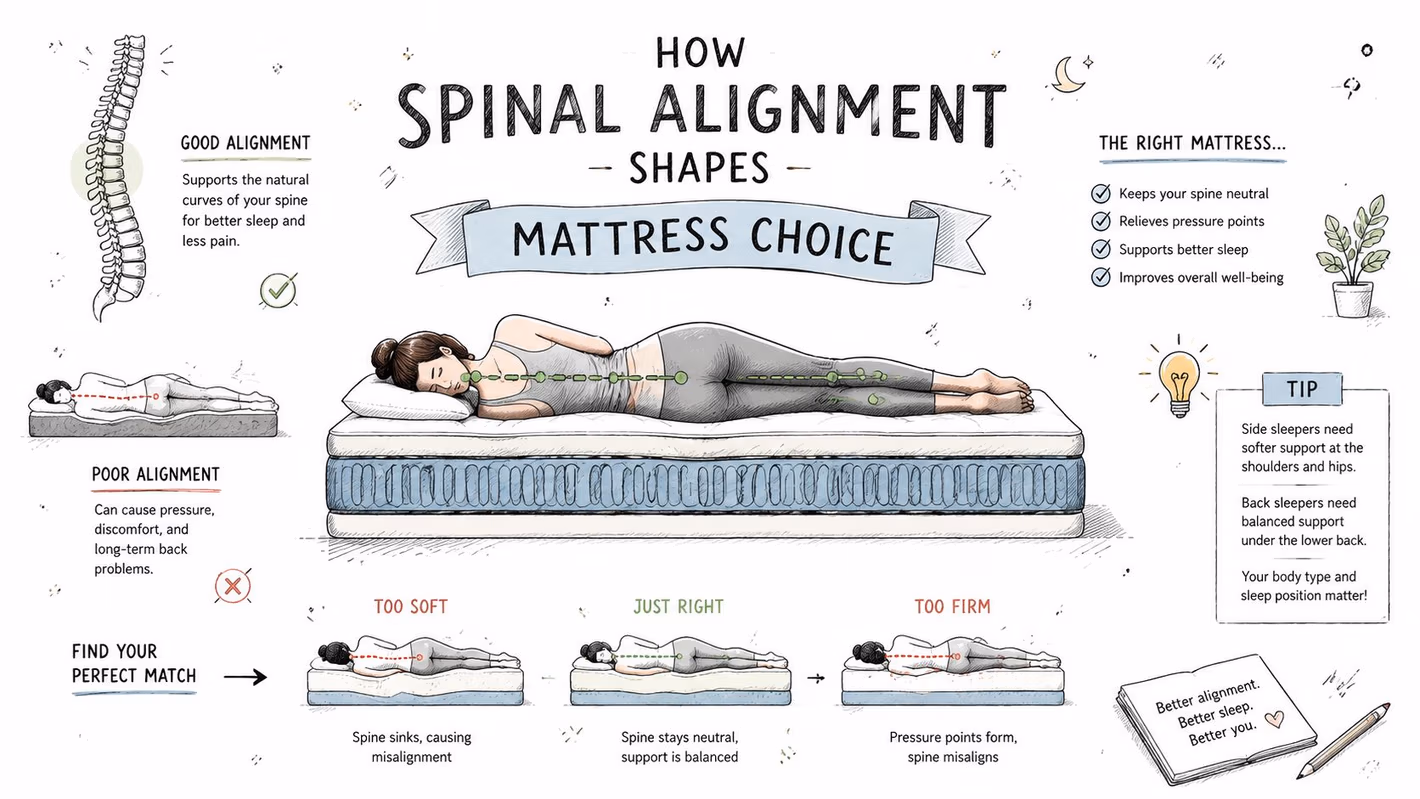 An infographic illustrating how mattress firmness affects spinal alignment for different sleep positions and body types.