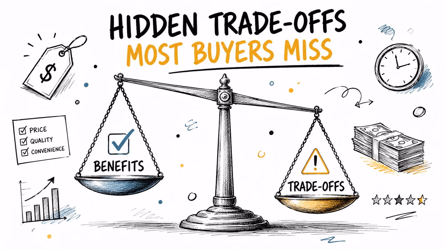 A hand-drawn illustration showing a balance scale weighing benefits against hidden trade-offs for purchasing decisions.