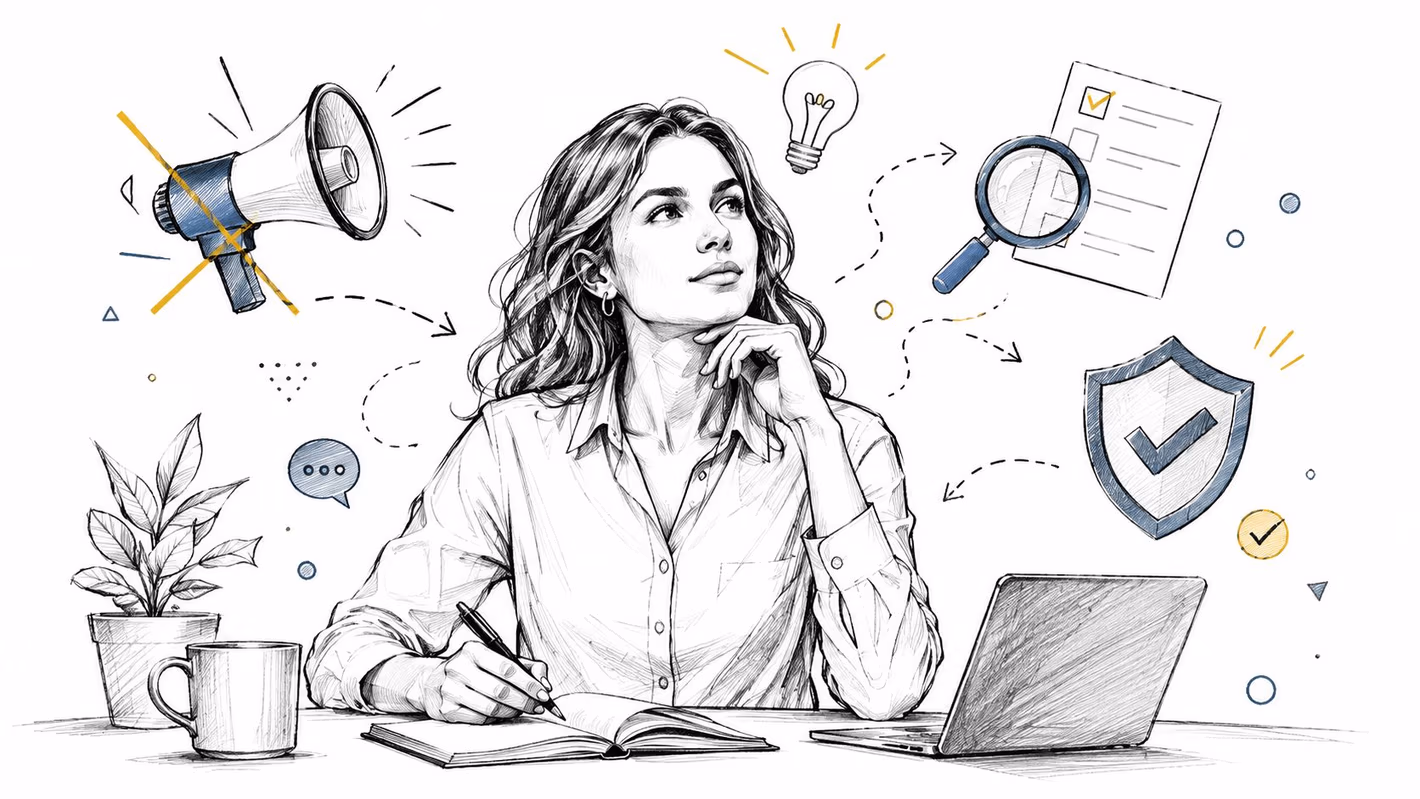 A professional woman writing in a journal surrounded by business icons like a megaphone and laptop.