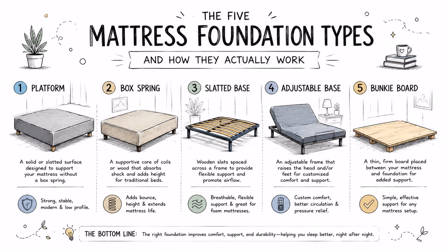 An infographic illustrating the five different types of mattress foundations, including platforms, box springs, and adjustable bases.