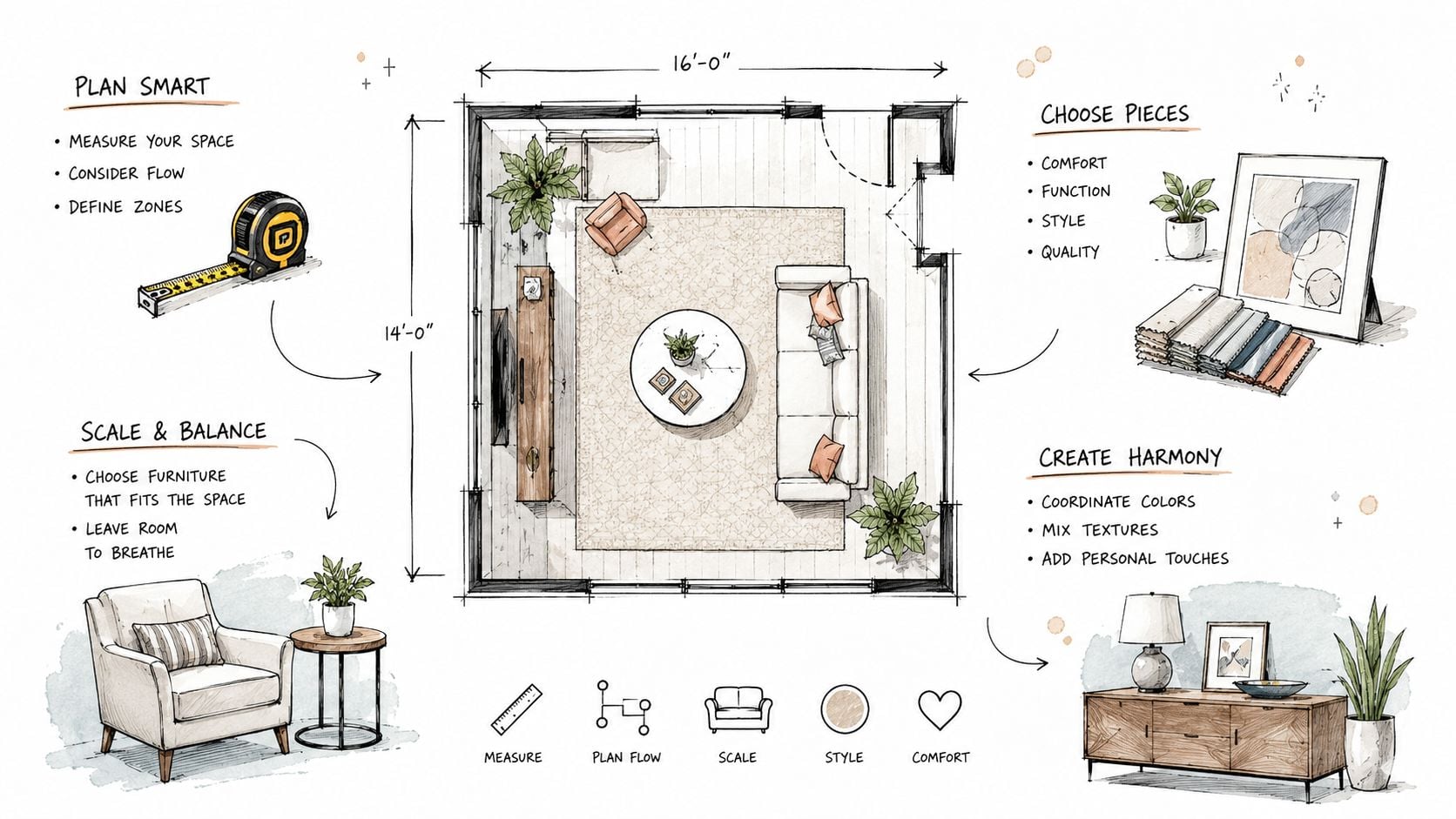 A design infographic detailing interior design principles with a floor plan and furniture layout sketches.
