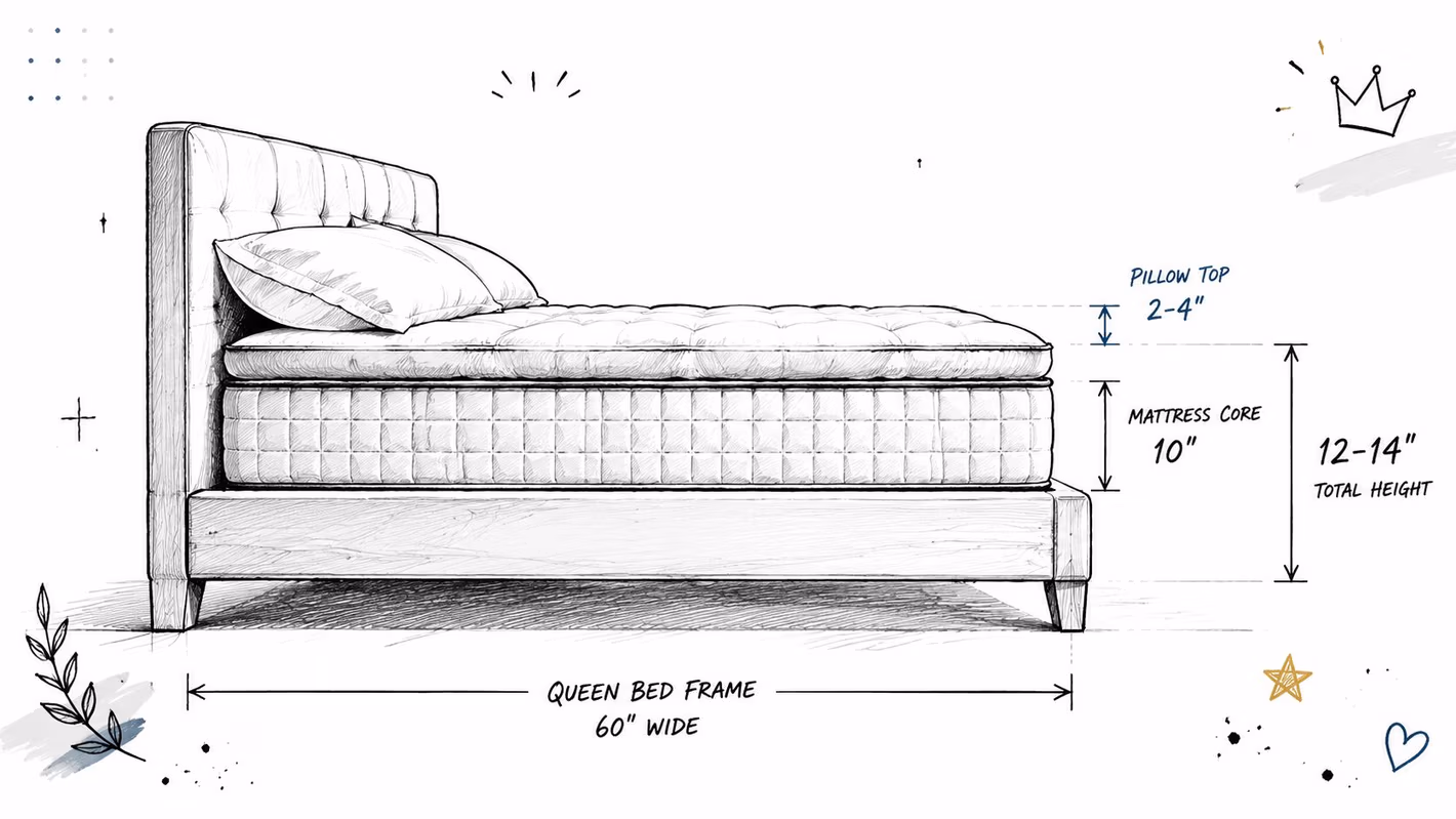 A detailed illustration of a queen-sized bed frame showing mattress dimensions for the pillow top and core.