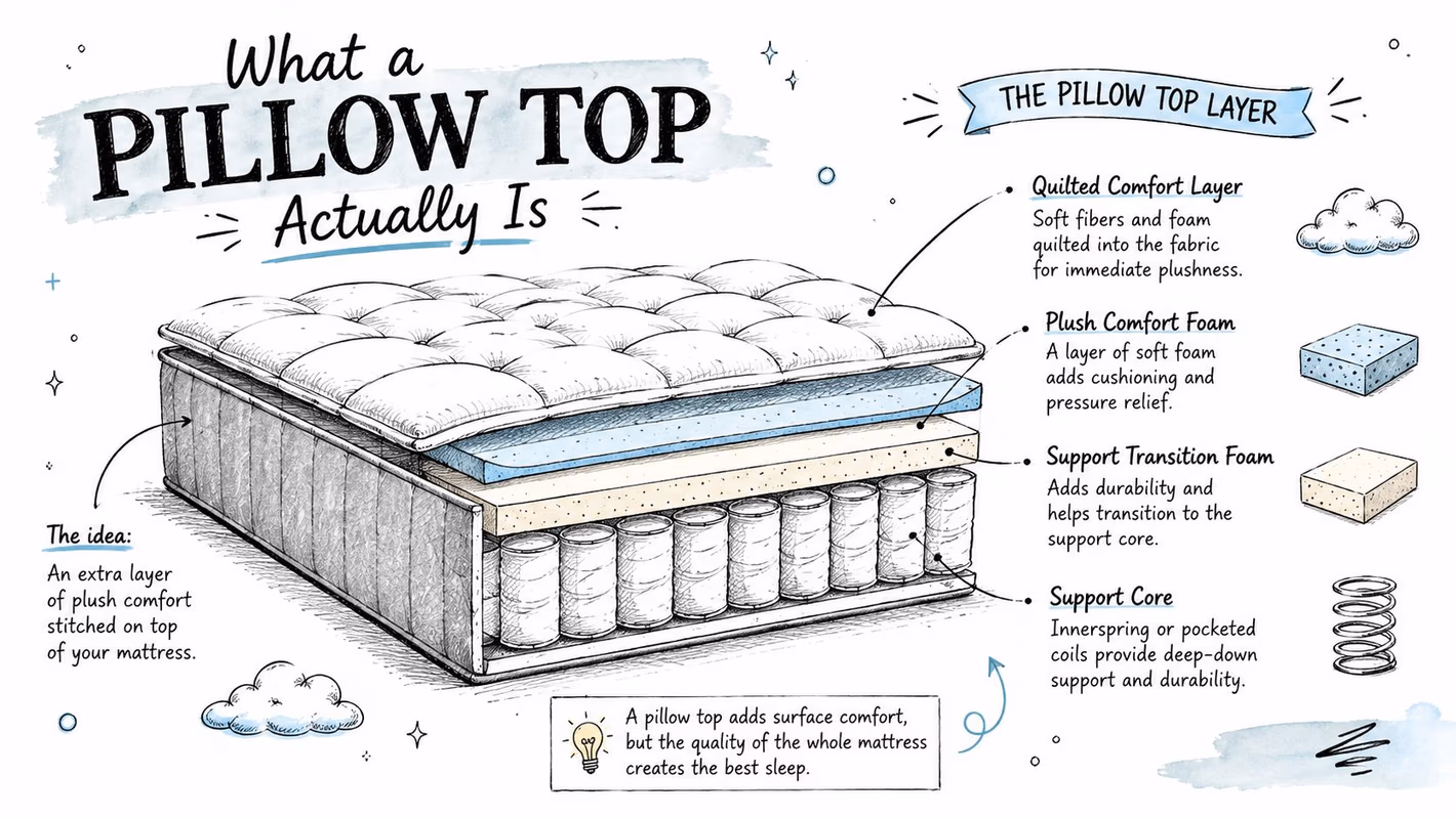 A diagram illustrating the layered construction of a pillow top mattress including comfort layers and springs.