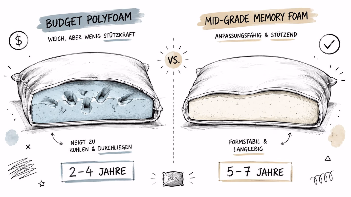 Comparison illustration showing the differences between budget polyfoam and mid-grade memory foam pillow interiors and durability.