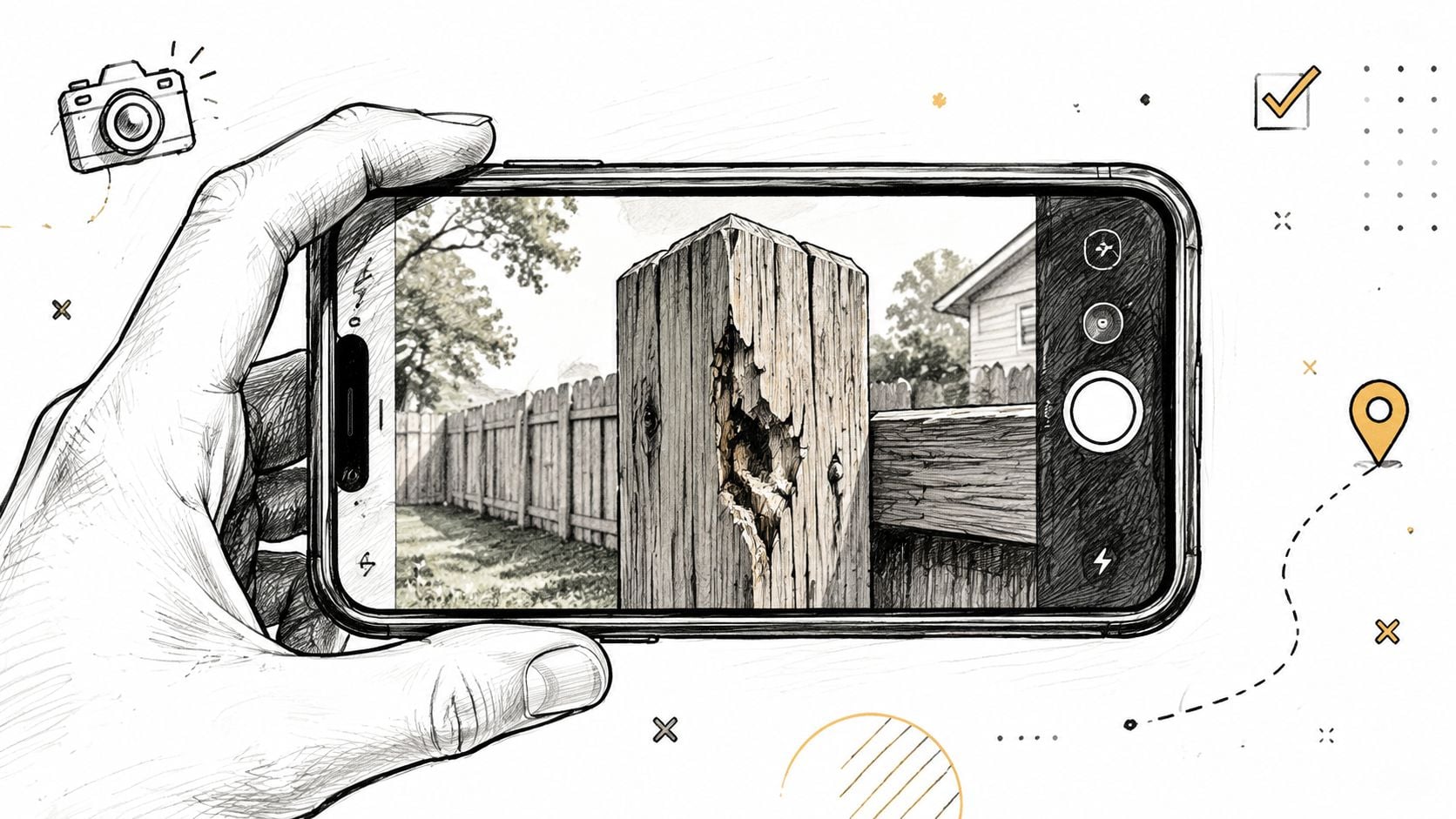 A hand-drawn illustration of a smartphone screen showing a damaged wooden fence post being captured for reporting.