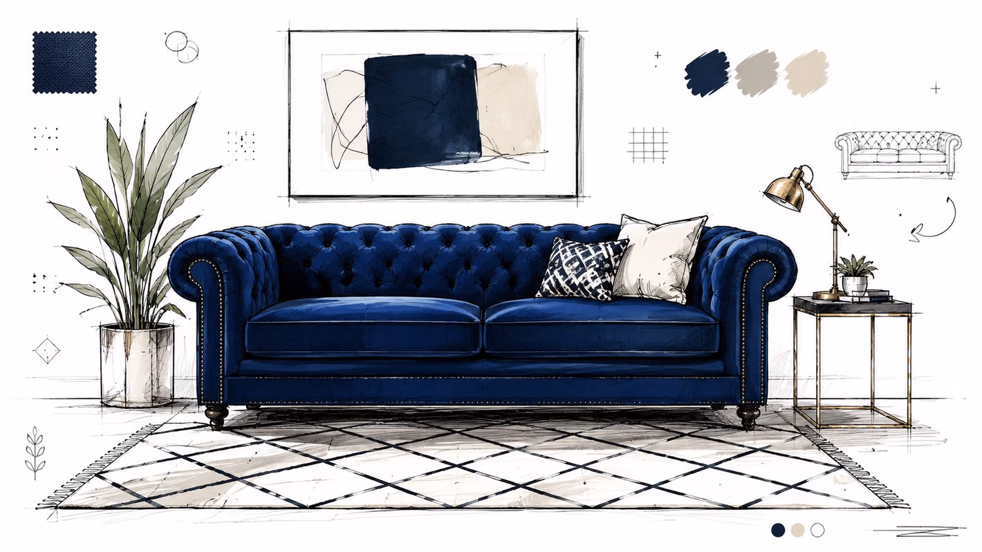 A detailed architectural sketch of a traditional dark blue velvet Chesterfield sofa in a living room.