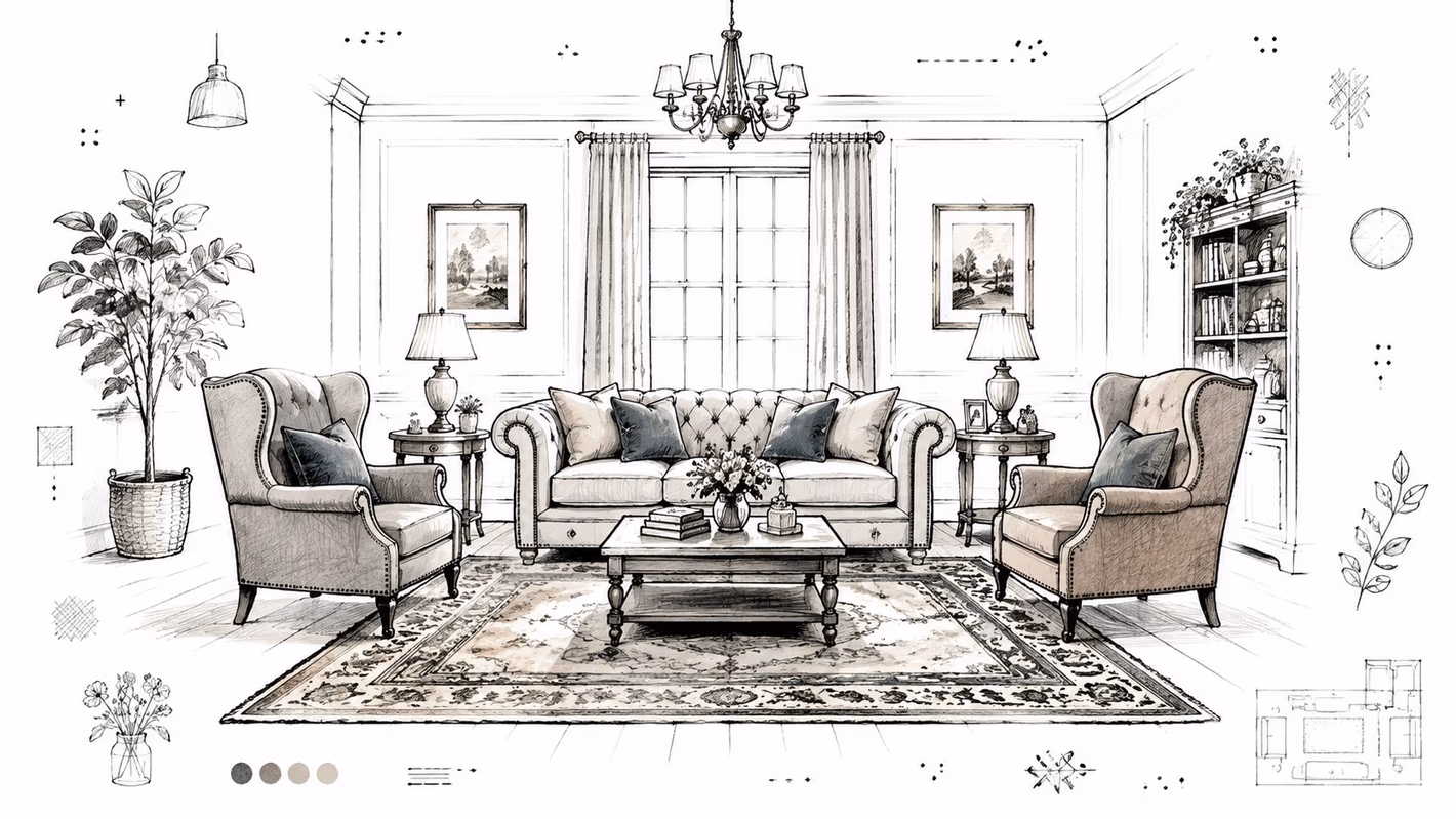 A beautiful sketch of a traditional living room featuring an elegant sofa, two armchairs, and matching end tables.