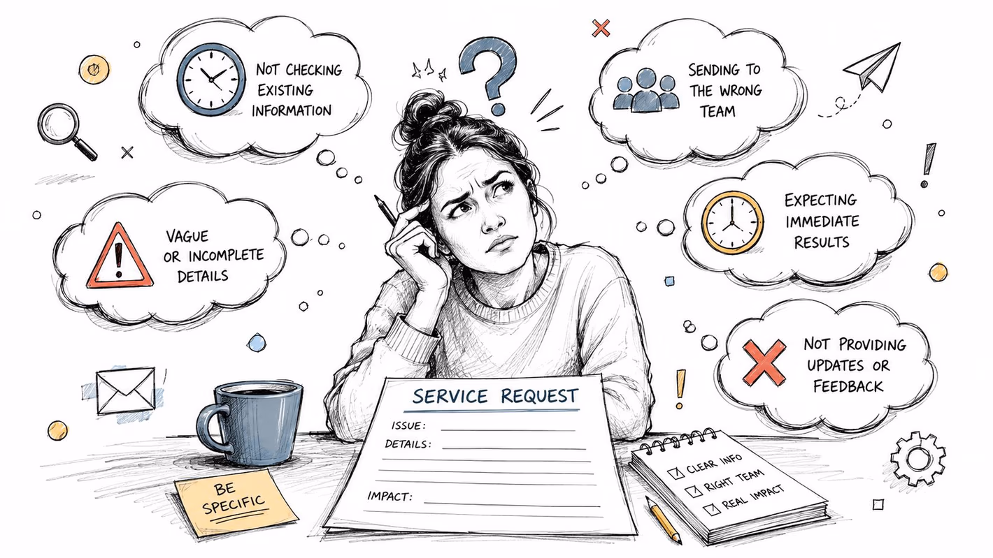 A woman thinking while filling out a service request form with common workplace mistakes illustrated in clouds.