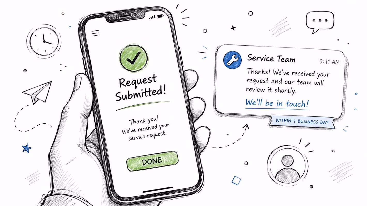 A hand holding a smartphone displaying a request submitted confirmation message with a service team notification nearby.