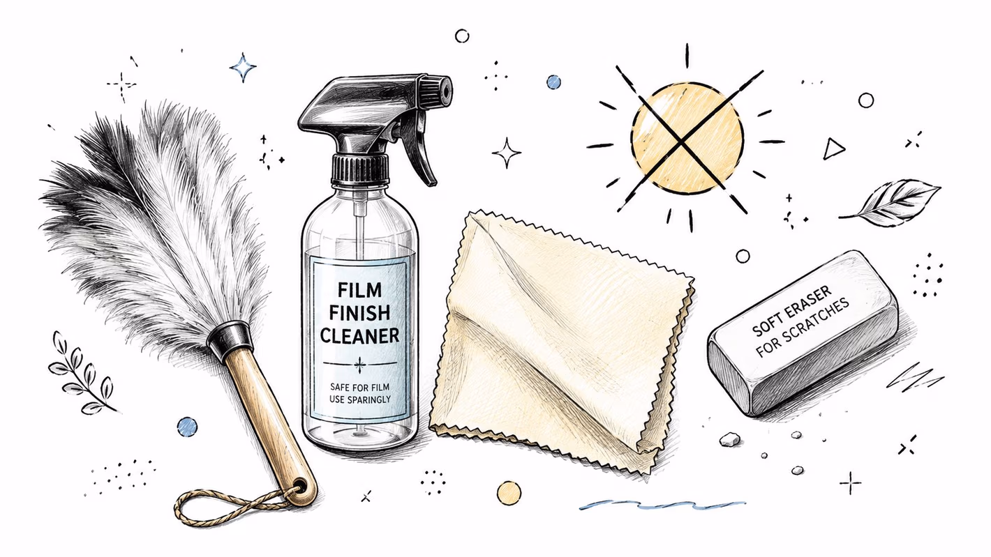 A collection of cleaning supplies including a duster, cleaner spray, cloth, and an eraser for scratches.