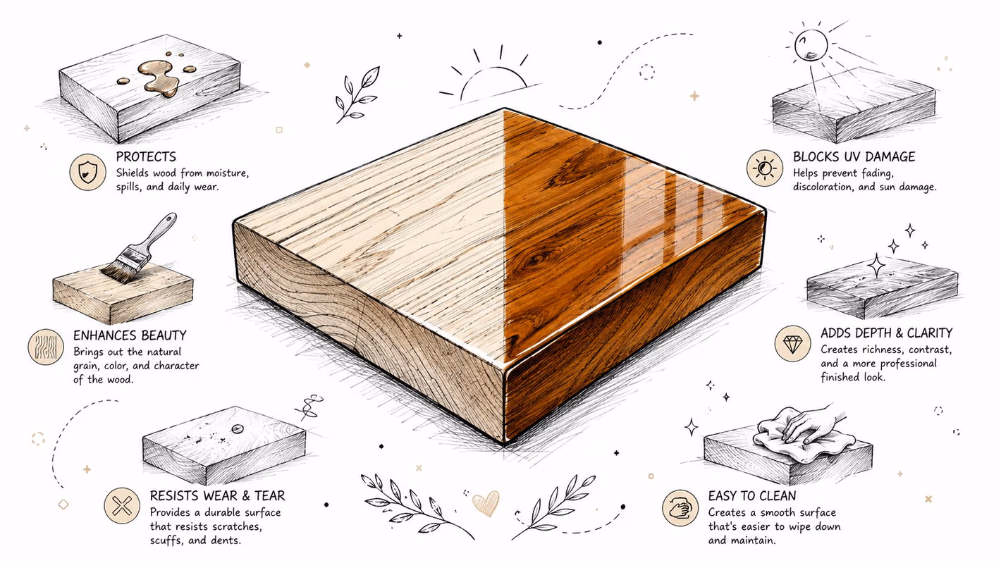 A diagram illustrating the benefits of wood finish, showing wood protection, beauty enhancement, and durability features.
