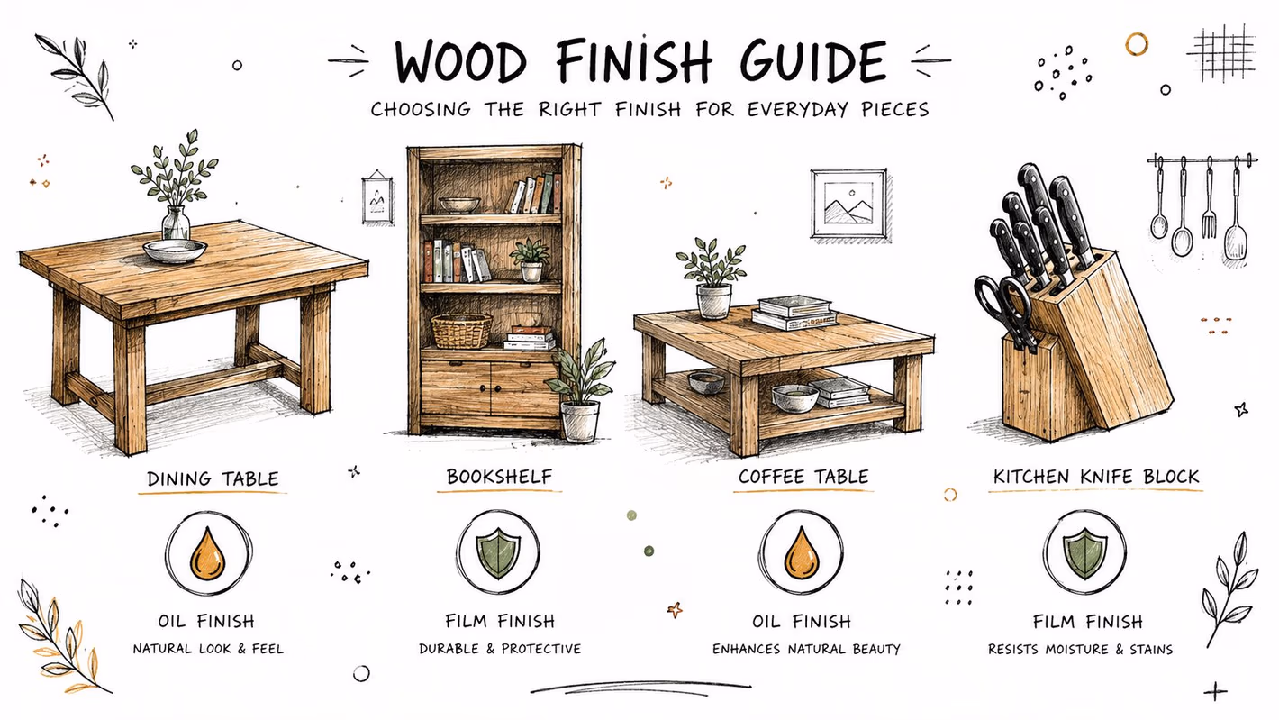 A wood finish guide illustration showing furniture pieces paired with either oil or film protective finishes.