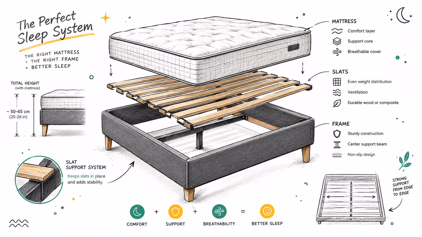 An illustrative diagram showing a bedroom sleep system consisting of a mattress, wooden slats, and a bed frame.