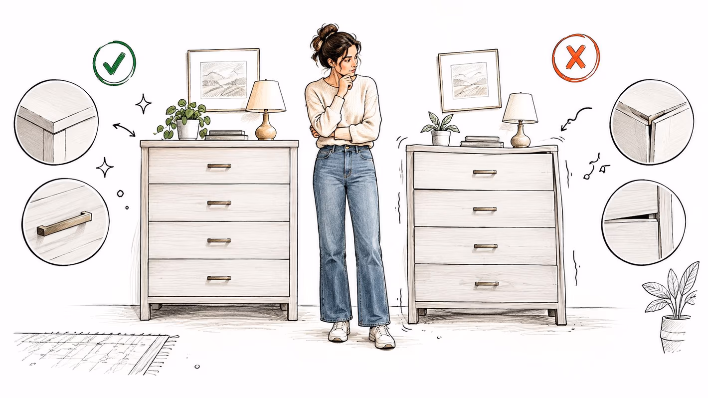 A woman comparing a high-quality wooden dresser on the left with a damaged, low-quality dresser on the right.