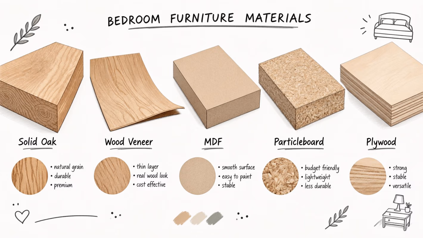 An infographic detailing five types of bedroom furniture materials, including solid oak, wood veneer, MDF, particleboard, and plywood.