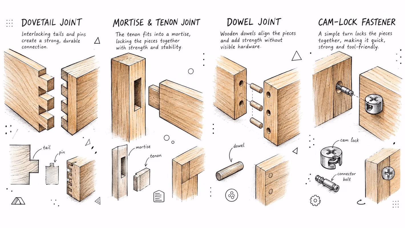 An educational diagram illustrating four common types of woodworking joinery: dovetail, mortise and tenon, dowel, and cam-lock.