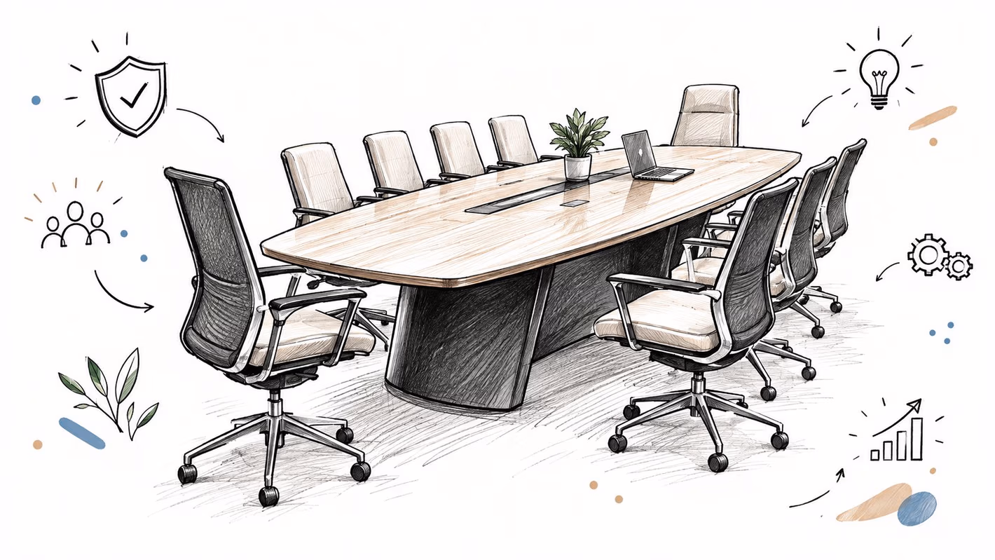 A digital sketch of a modern office conference room featuring a long wooden table with rolling chairs.