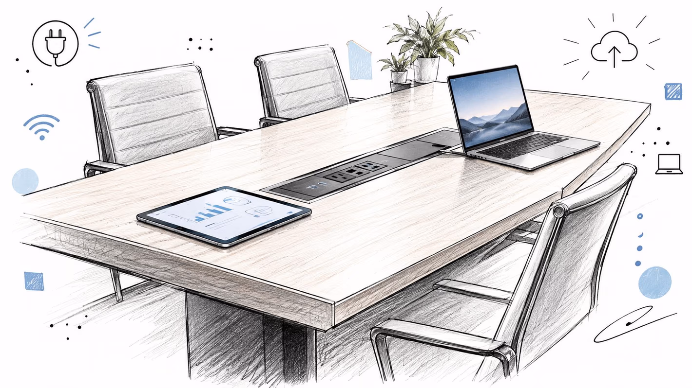 A modern office conference table with a laptop, tablet, and electrical outlets for collaborative meetings.