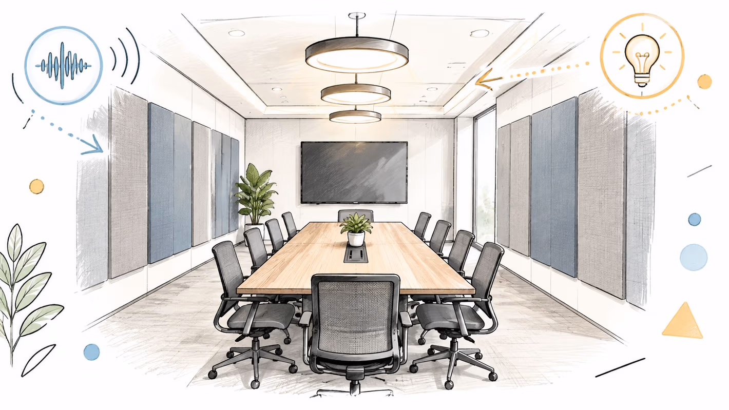 A modern, sketch-style illustration of a professional conference room with a long wooden table and chairs.