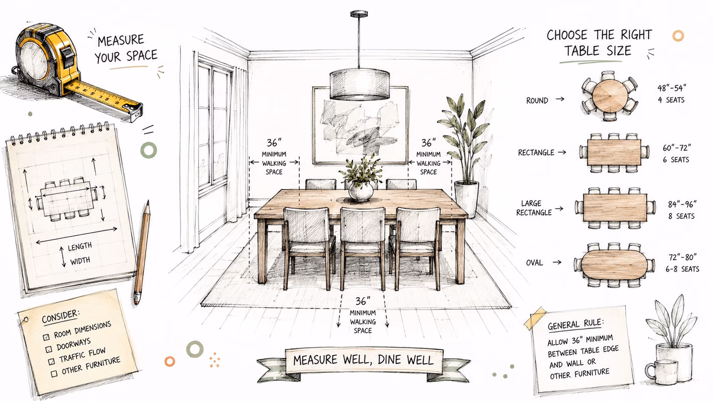 An illustrated guide for choosing the right size dining room table and measuring space requirements.