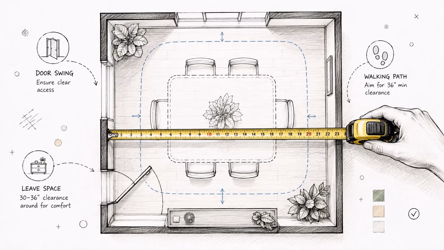 A hand holding a tape measure over a sketched dining room floor plan with furniture layout tips.