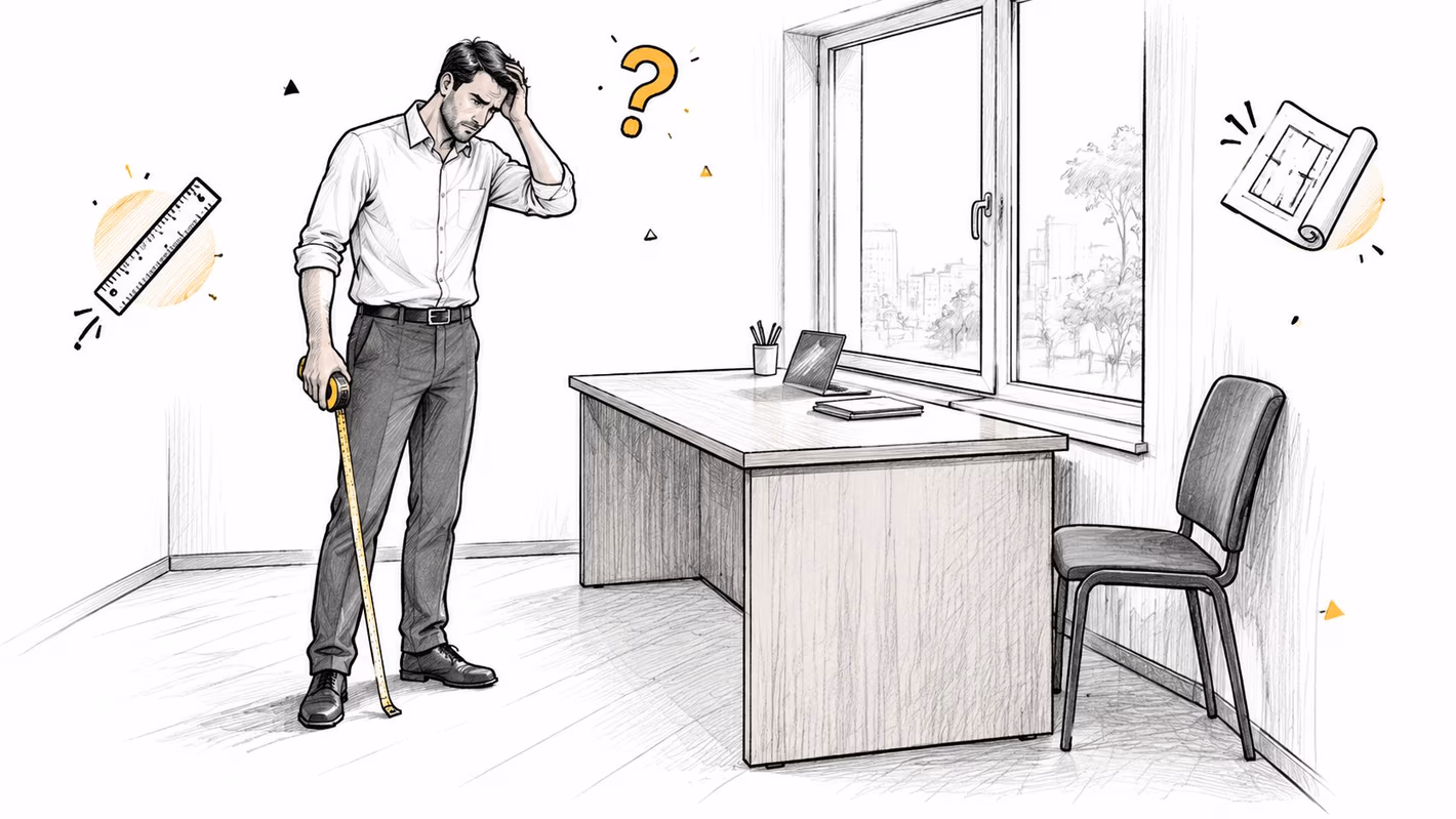 A confused man holding a tape measure, contemplating the layout of his office with furniture and plans.