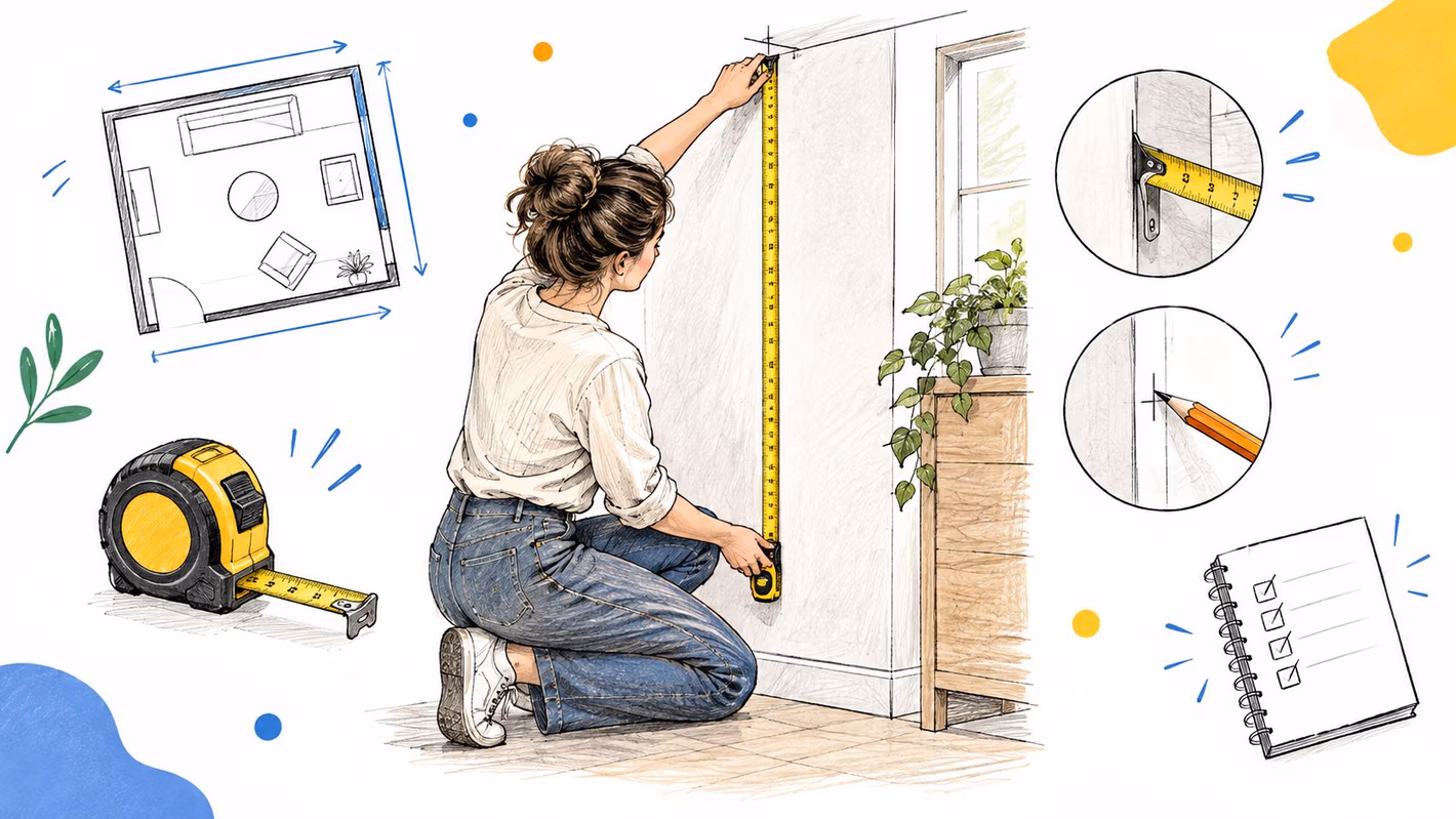 A woman kneeling while using a yellow measuring tape to measure the height of a home wall.