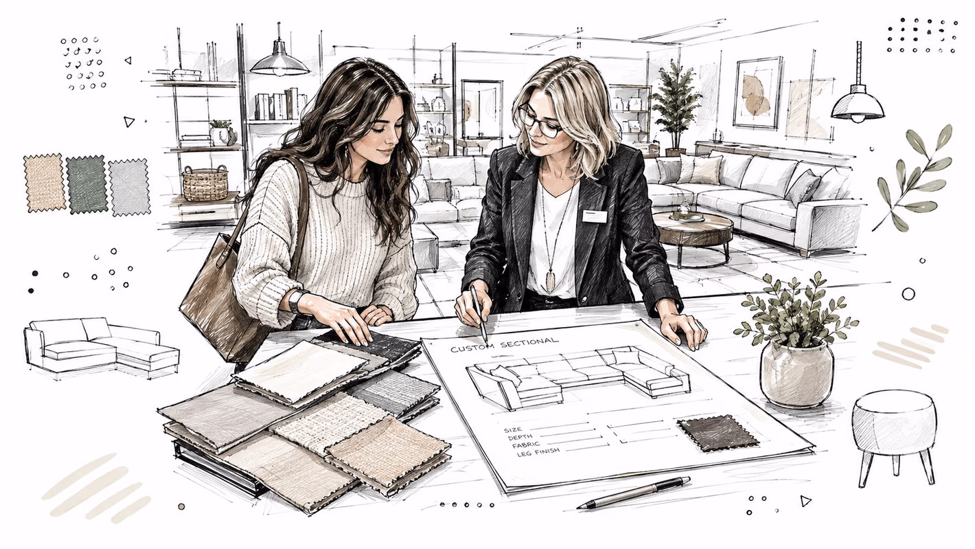 An interior designer and client reviewing custom sectional sofa blueprints and fabric swatches in a design studio.
