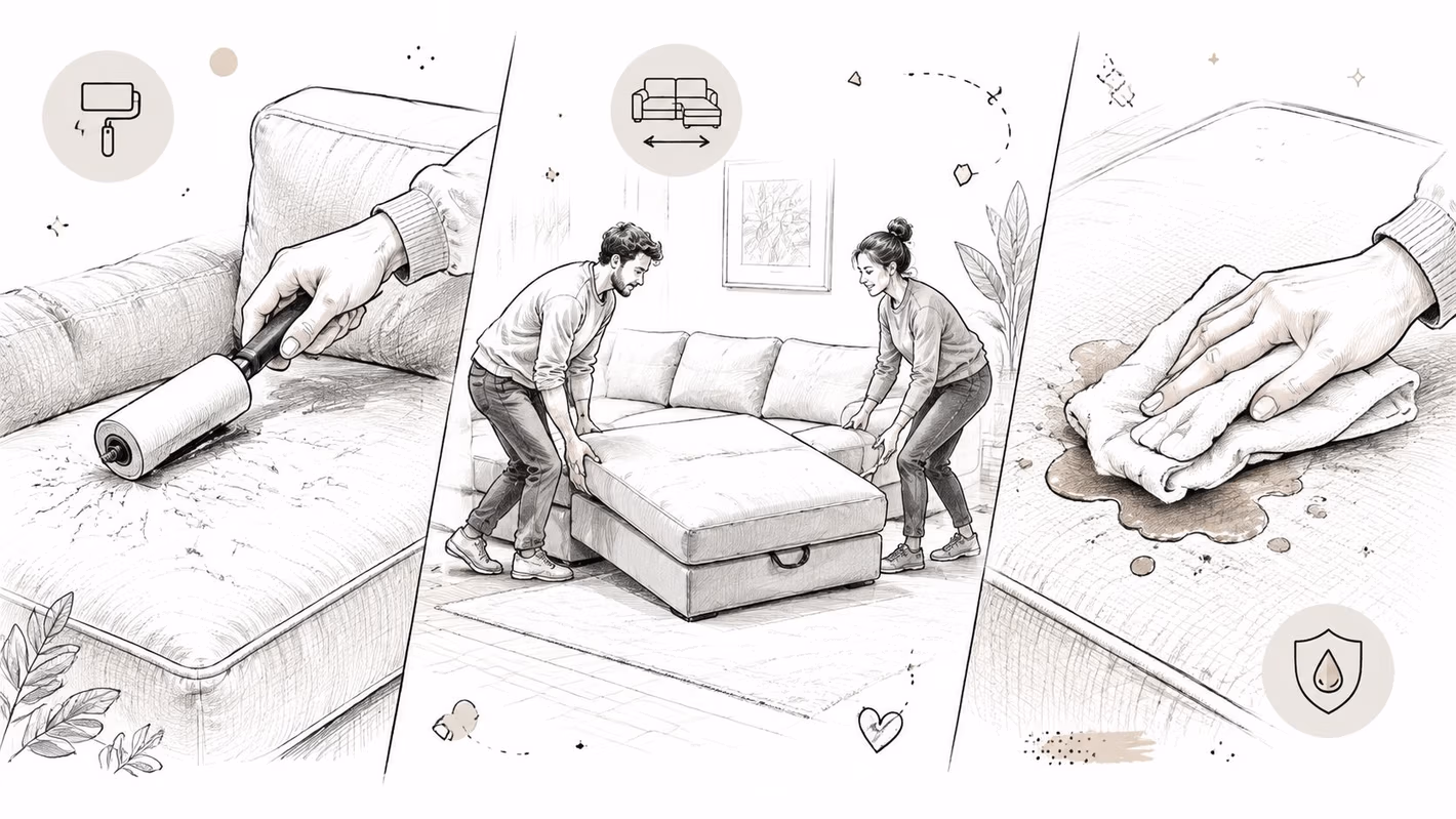 A three-panel illustration demonstrating how to clean, reconfigure, and maintain a fabric modular sectional sofa.