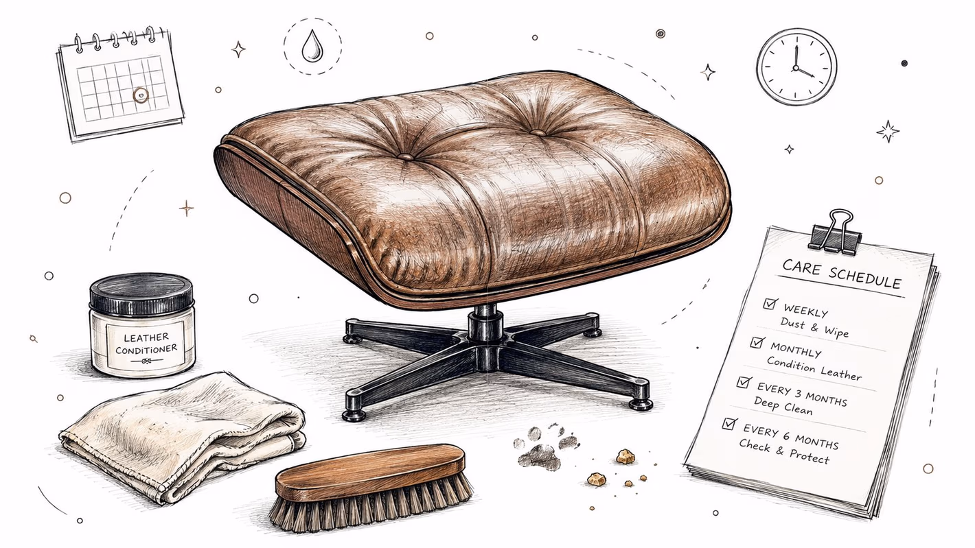 A leather recliner ottoman surrounded by maintenance tools like conditioner, a cloth, a brush, and a schedule.
