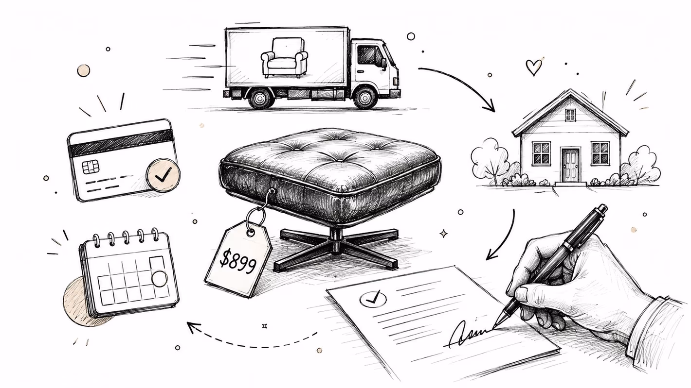 A conceptual sketch showing the process of purchasing a leather ottoman, including delivery, home placement, and financing.