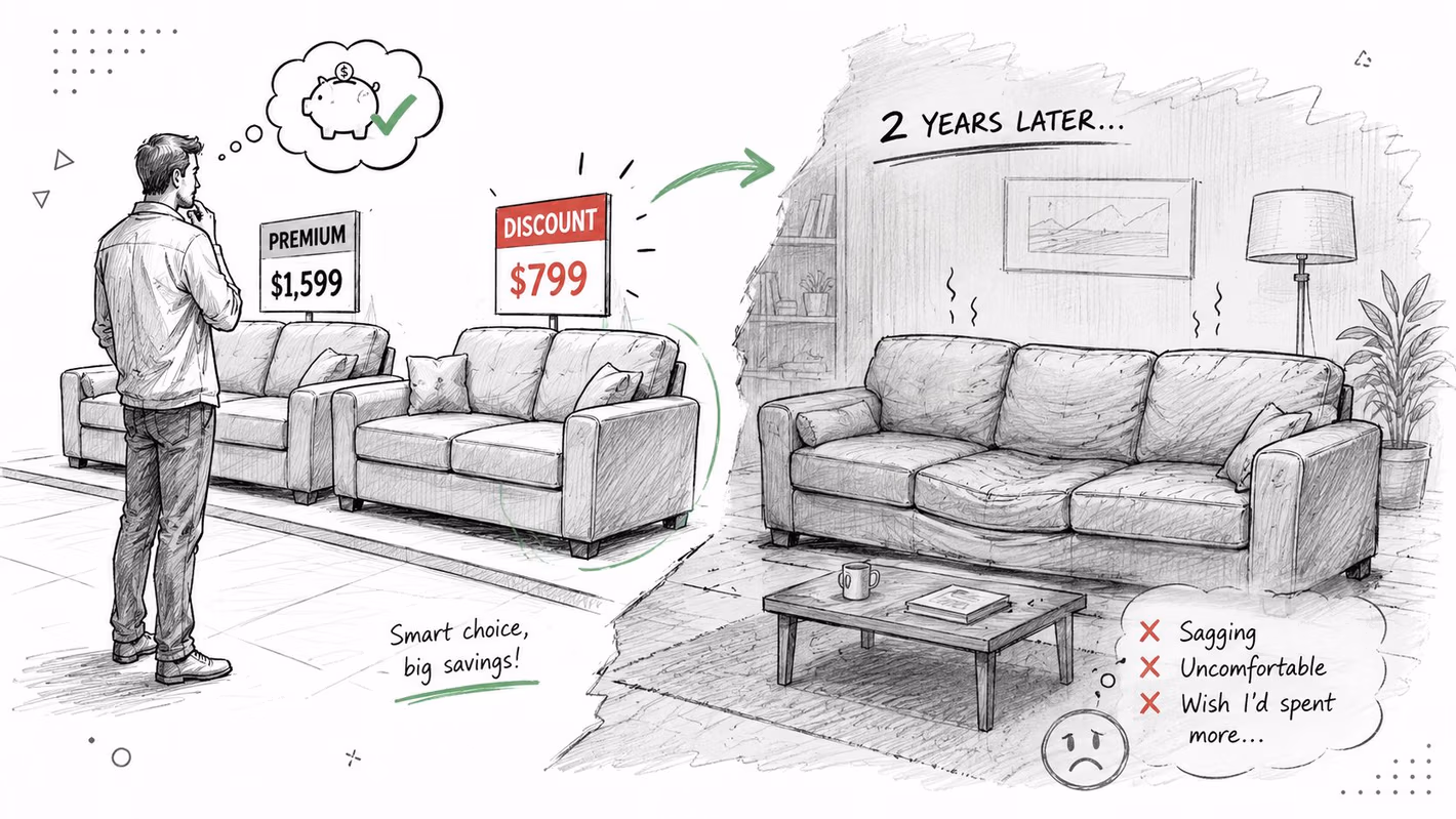 A conceptual drawing comparing a cheap sofa choice to a premium one, illustrating long-term quality dissatisfaction.
