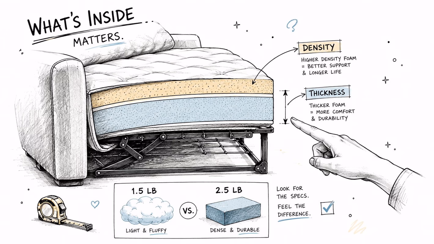 A diagram illustrating the foam density and thickness of a sleeper sofa mattress for better furniture quality.
