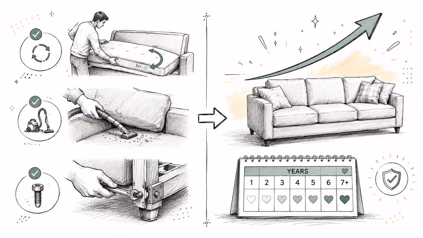 A diagram demonstrating how regular maintenance and tightening of parts extends the longevity of a sleeper sofa.