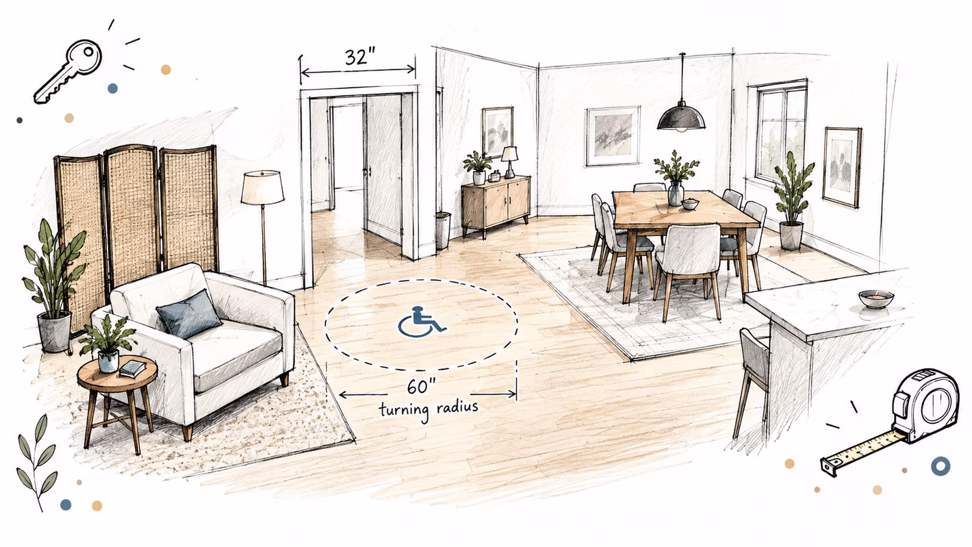 A sketched illustration showing interior space planning for accessibility with a sixty inch wheelchair turning radius.