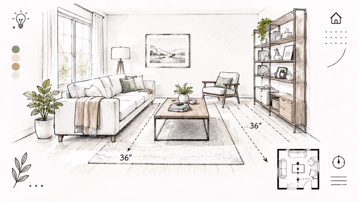 A detailed interior design sketch of a cozy living room illustrating professional space planning measurements.