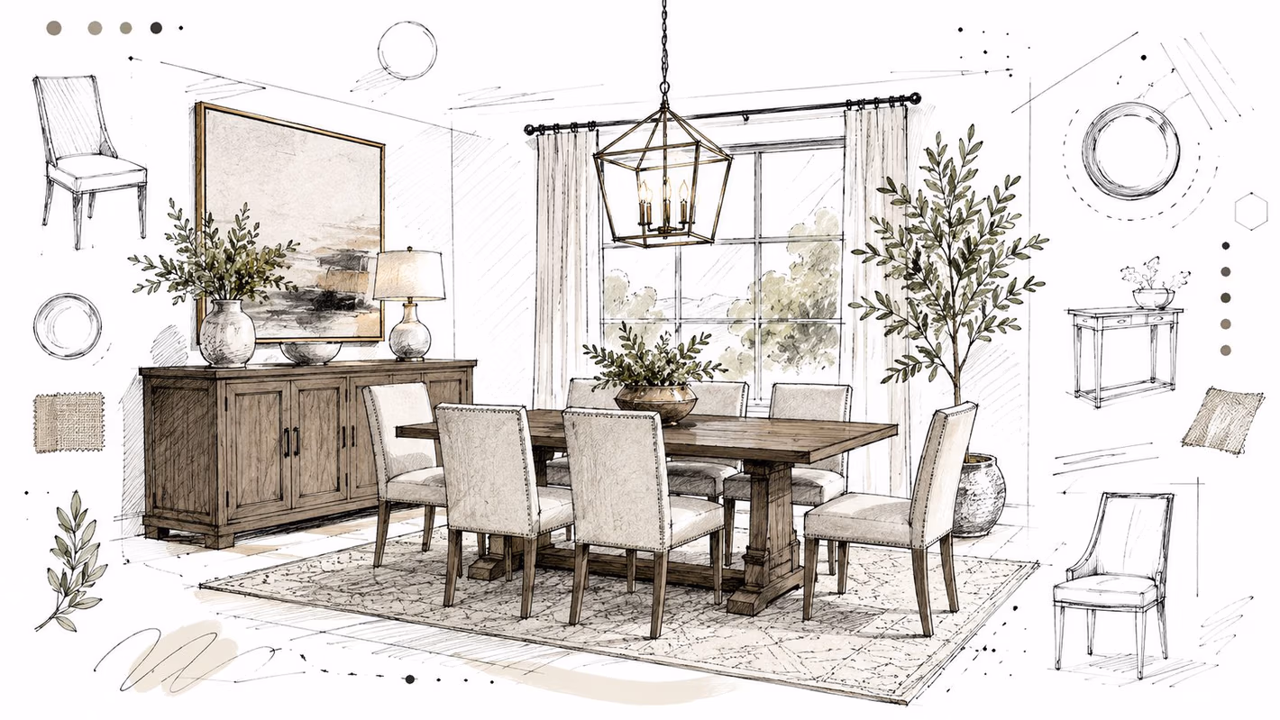 A detailed interior design sketch of a traditional dining room featuring a wooden table, chairs, and buffet.
