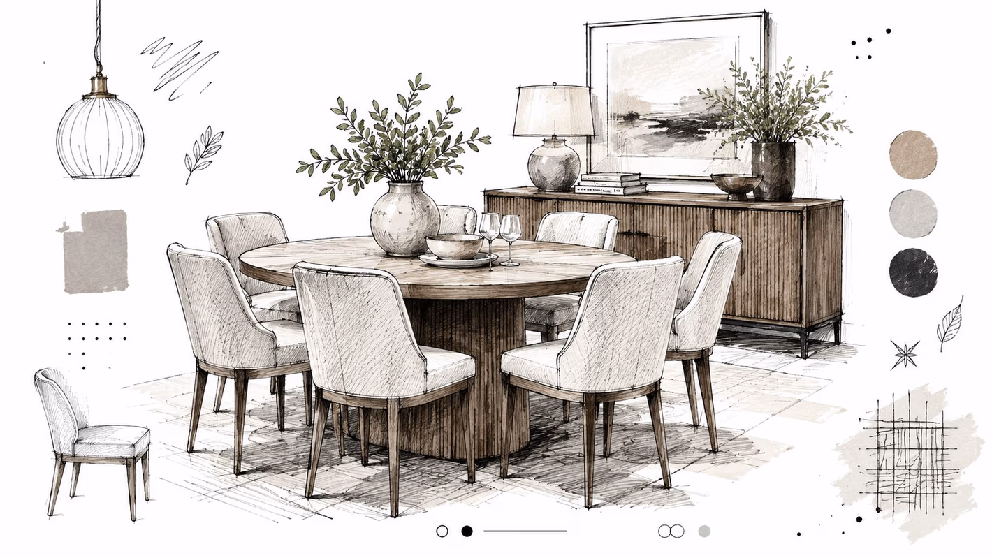A detailed interior design sketch showing a round dining table, upholstered chairs, and a wooden sideboard cabinet.