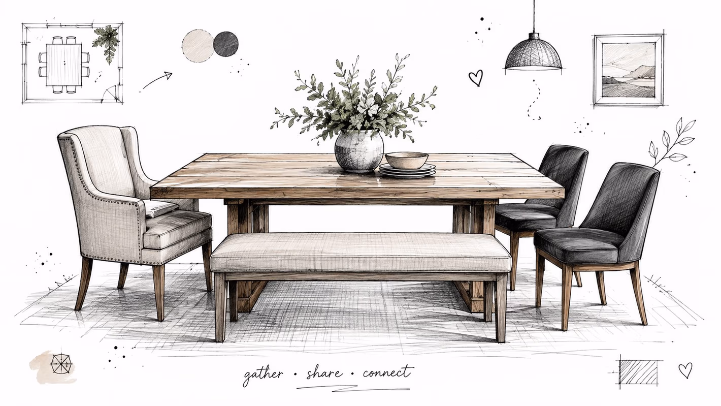 A pencil sketch of a modern dining room set featuring a wooden table, bench, and chairs.