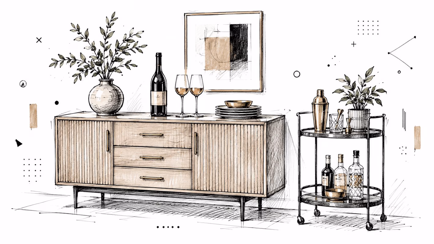 A sophisticated modern sideboard and a matching wheeled bar cart decorated with glassware and interior design accessories.